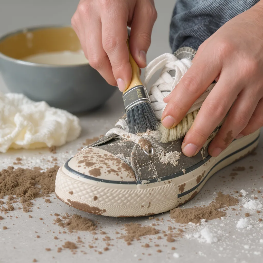 Hands Cleaning A Muddy Canvas Sneaker With Brush Mild Soap