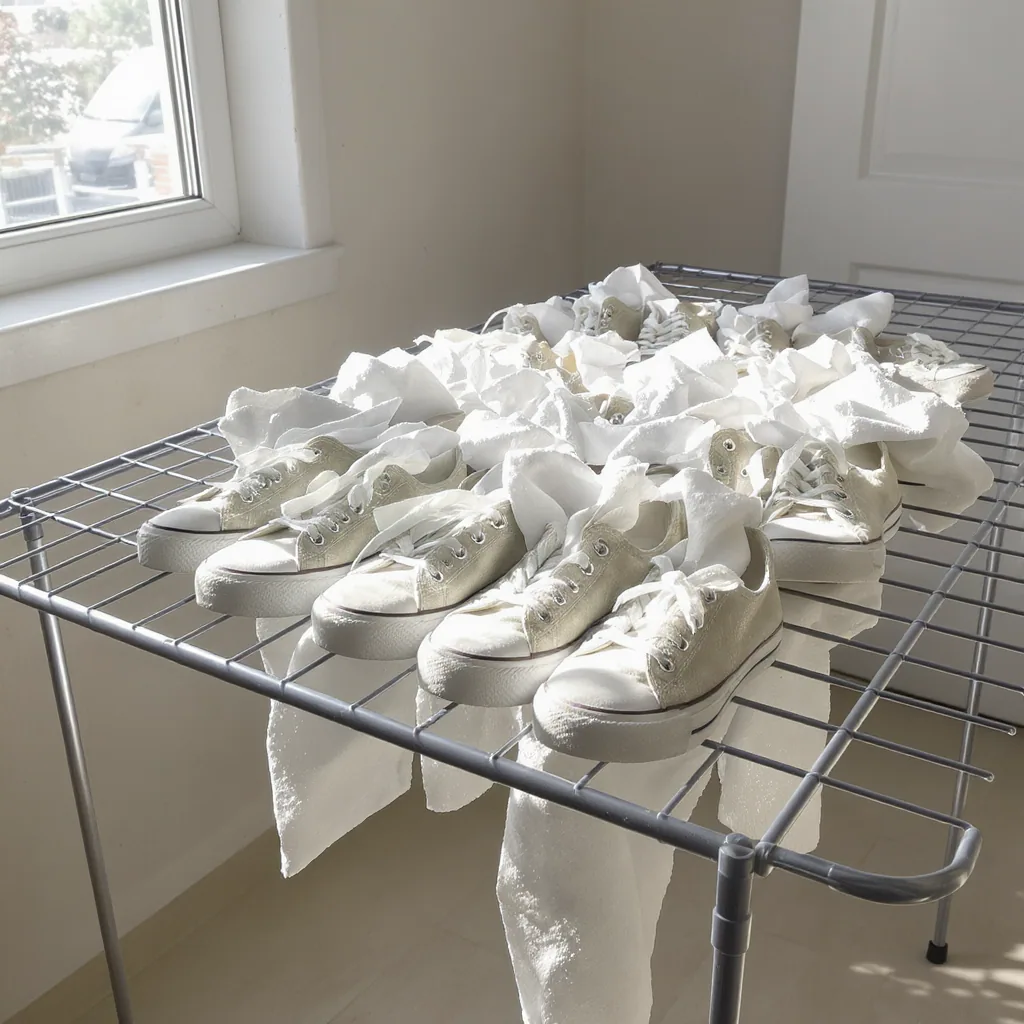 Canvas Sneakers Stuffed With Paper Towels Drying Flat On A
