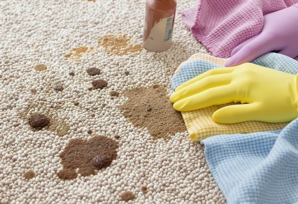 Guide to removing stains from carpet and rugs based on fiber type and spill type with cleaning solutions.