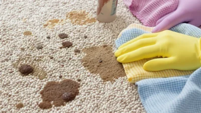 Guide to removing stains from carpet and rugs based on fiber type and spill type with cleaning solutions.
