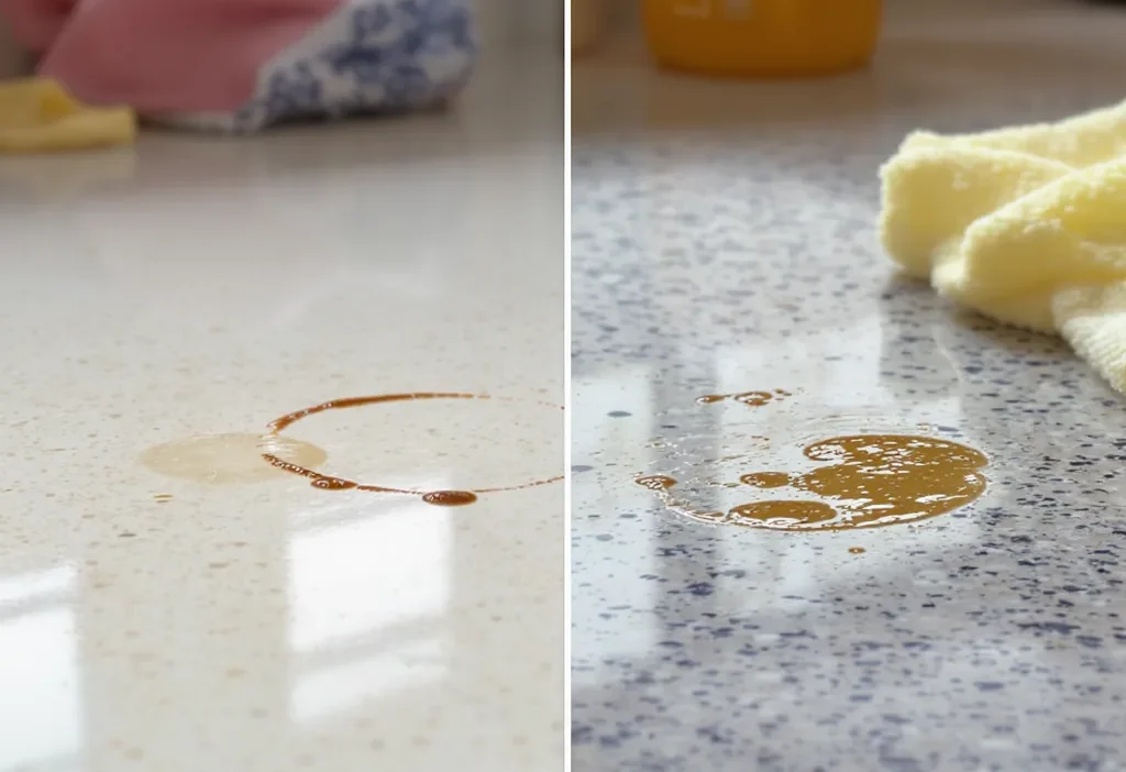 Coffee stain removal on quartz vs granite countertops using appropriate cleaners