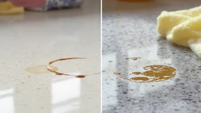 Coffee stain removal on quartz vs granite countertops using appropriate cleaners