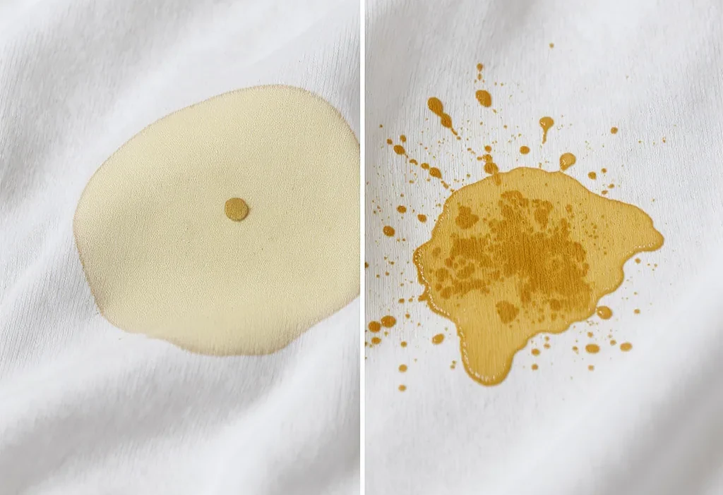 Close-up comparison of a fresh coffee stain and a set-in coffee stain on a white cotton shirt.