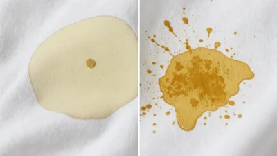 Close-up comparison of a fresh coffee stain and a set-in coffee stain on a white cotton shirt.