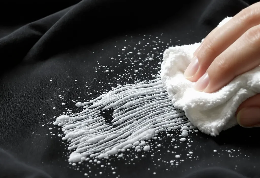Close-up of a person removing white deodorant stains from a black t-shirt with a dryer sheet.