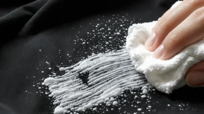 Close-up of a person removing white deodorant stains from a black t-shirt with a dryer sheet.