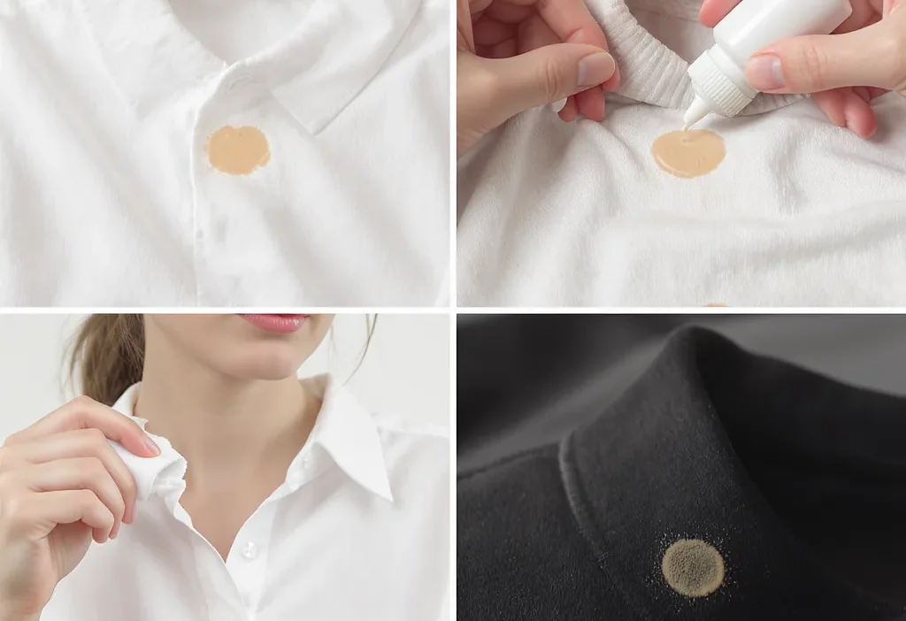 Foundation and concealer stains on light and dark fabric swatches showing removal techniques.
