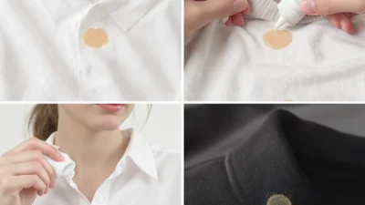 Foundation and concealer stains on light and dark fabric swatches showing removal techniques.