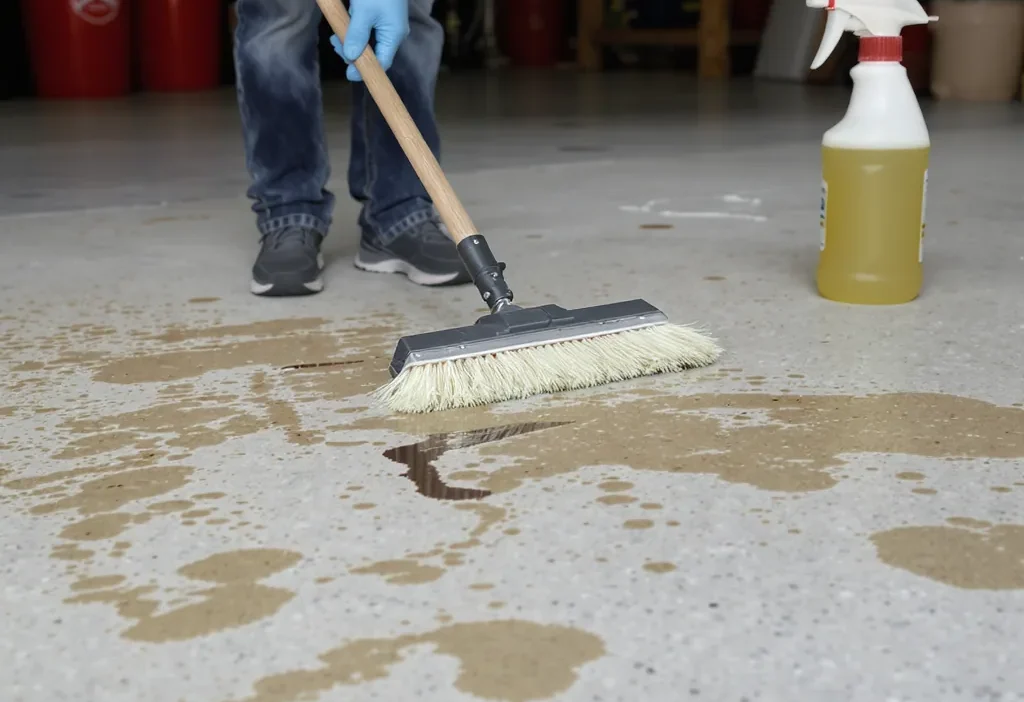 Close-up of cleaning oil, rust, and tire marks from a concrete driveway with a scrub brush.