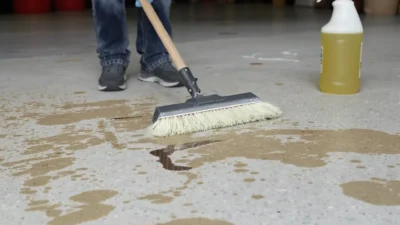 Close-up of cleaning oil, rust, and tire marks from a concrete driveway with a scrub brush.