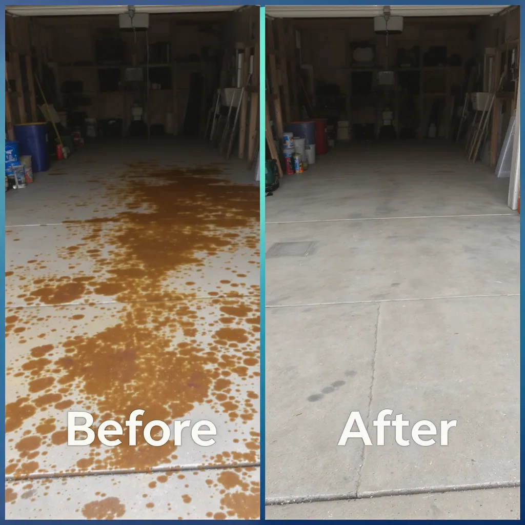 Split Image Showing A Garage Floor Before And After Rust