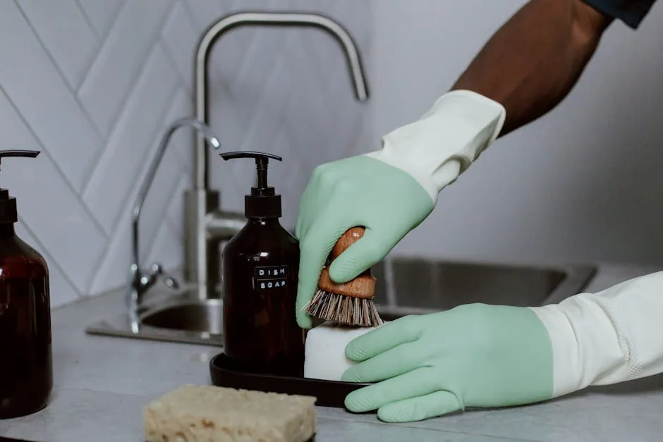 Person Applying Baking Soda Paste To A Greasy Tile Backsplash