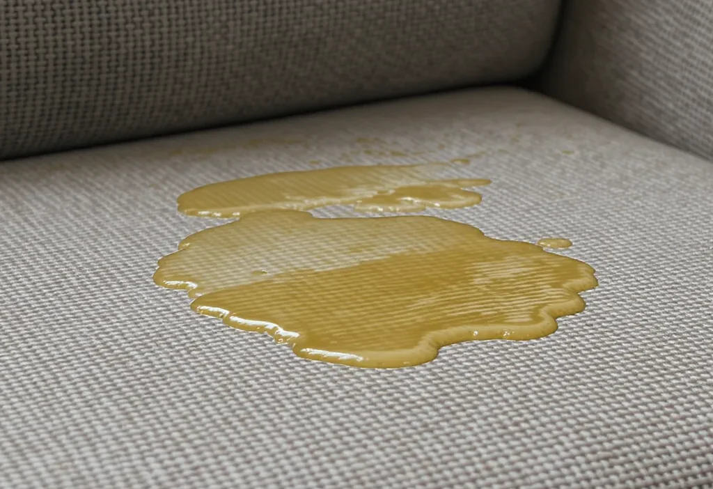 Removing a grease stain from a light-colored microfiber sofa cushion using a cleaning solution.