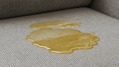 Removing a grease stain from a light-colored microfiber sofa cushion using a cleaning solution.