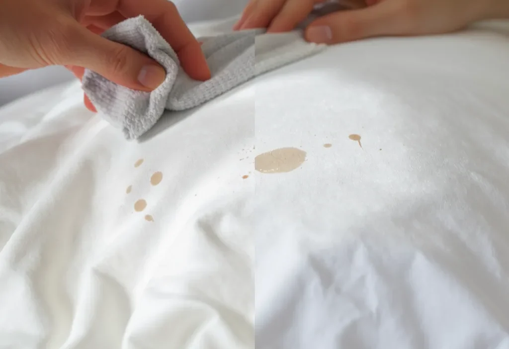 Close-up of a white pillowcase with foundation and mascara stains, showing effective pre-laundry stain removal techniques.