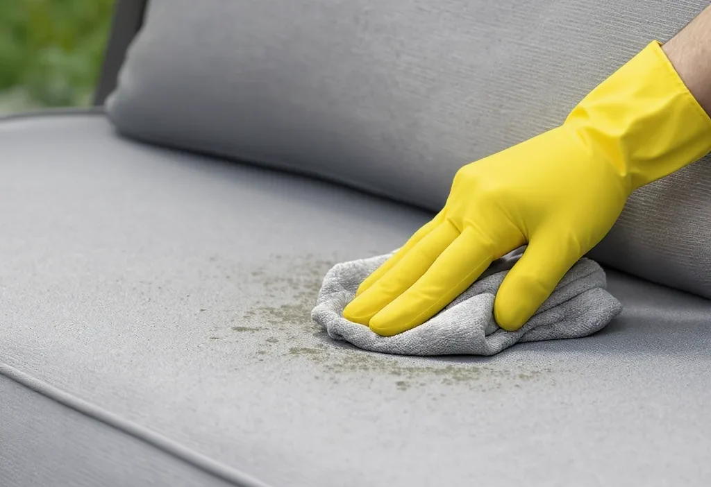 Close-up of green and black mold on outdoor patio cushion fabric, showing moisture damage.