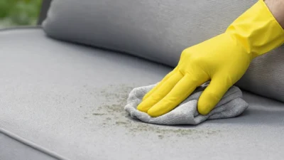 Close-up of green and black mold on outdoor patio cushion fabric, showing moisture damage.