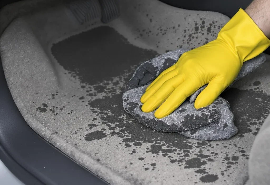 Close-up of muddy and salty car floor mats showing fresh stains versus dried, caked-on residue.