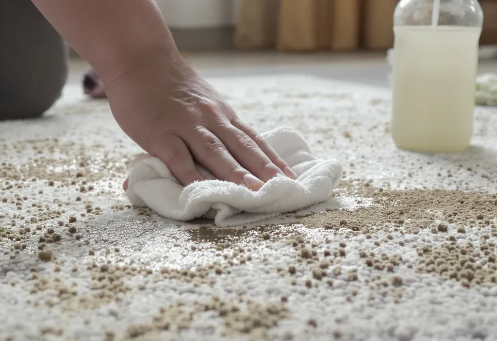Close-up of muddy footprints on a beige rug with a cleaning brush and spray bottle nearby.