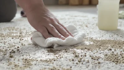Close-up of muddy footprints on a beige rug with a cleaning brush and spray bottle nearby.