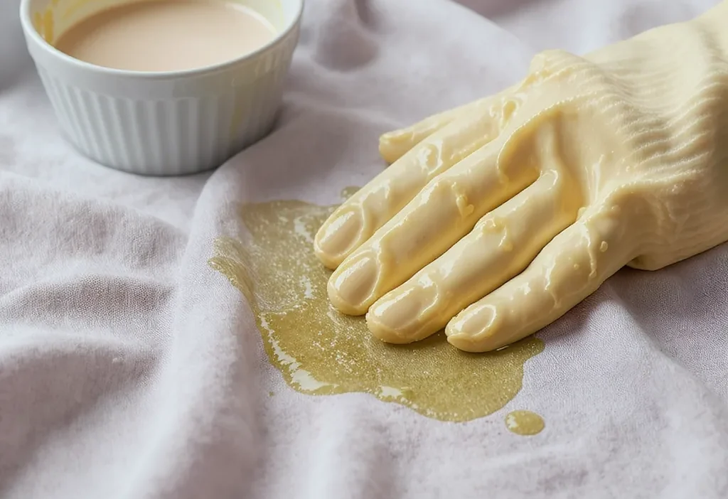 Close-up of oil, grease, and makeup stains on fabric with cleaning supplies for removal