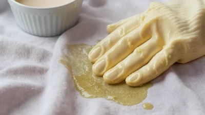 Close-up of oil, grease, and makeup stains on fabric with cleaning supplies for removal