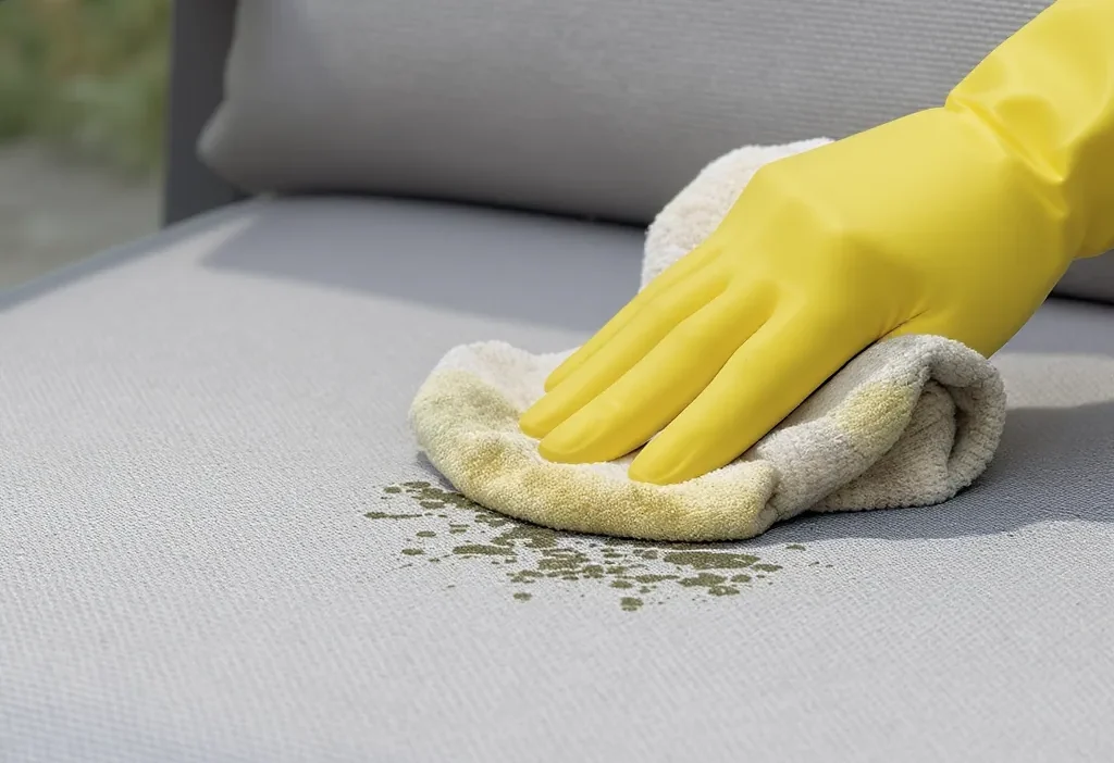 Cleaning mold and bird dropping stains from a white outdoor sofa cushion with a scrub brush.