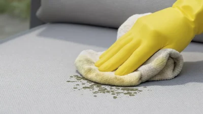 Cleaning mold and bird dropping stains from a white outdoor sofa cushion with a scrub brush.