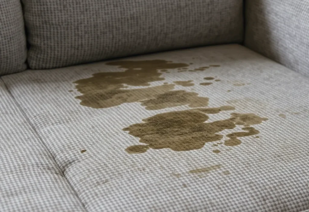 Close-up of a couch cushion with a pet urine stain, showing cleaning supplies for safe odor removal.