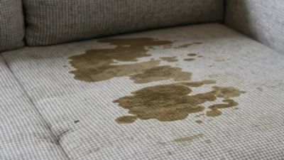 Close-up of a couch cushion with a pet urine stain, showing cleaning supplies for safe odor removal.