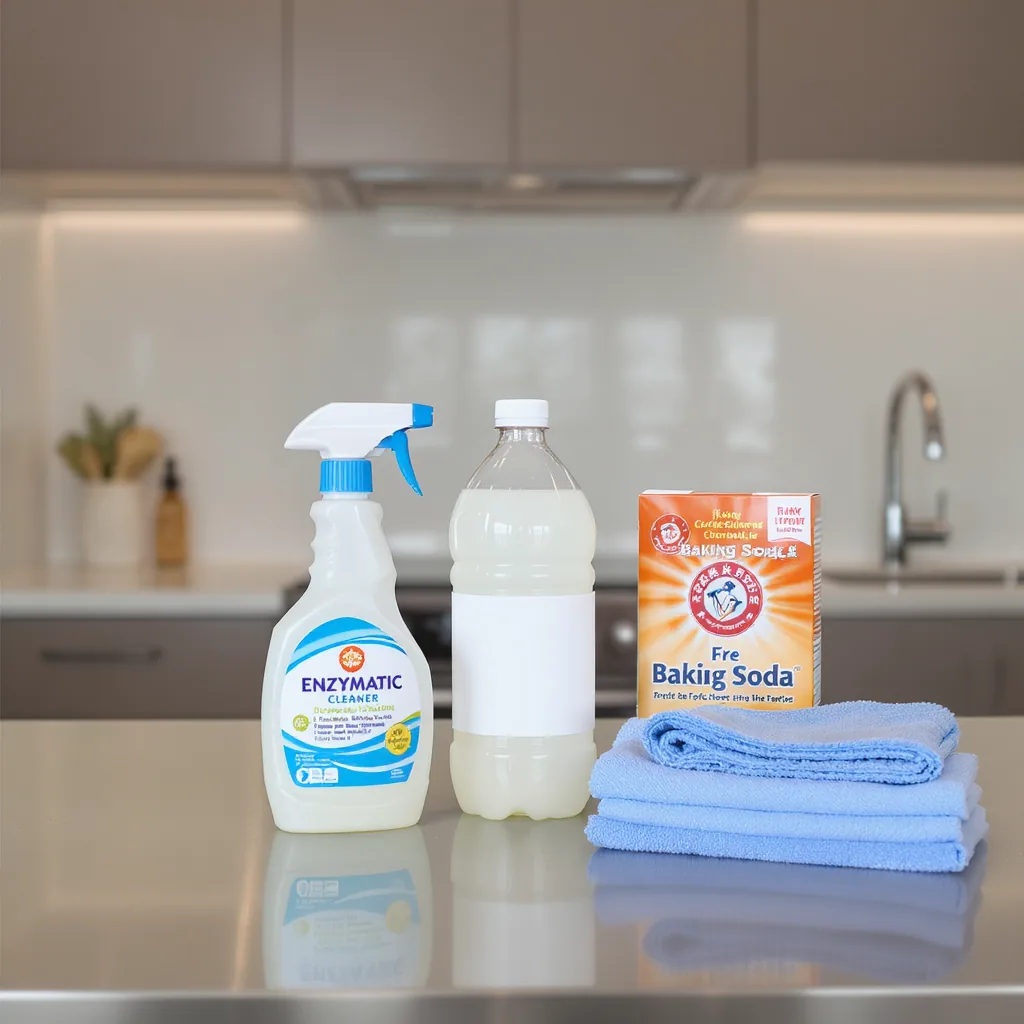 Enzymatic Cleaner White Vinegar Baking Soda And Microfiber Cloths On