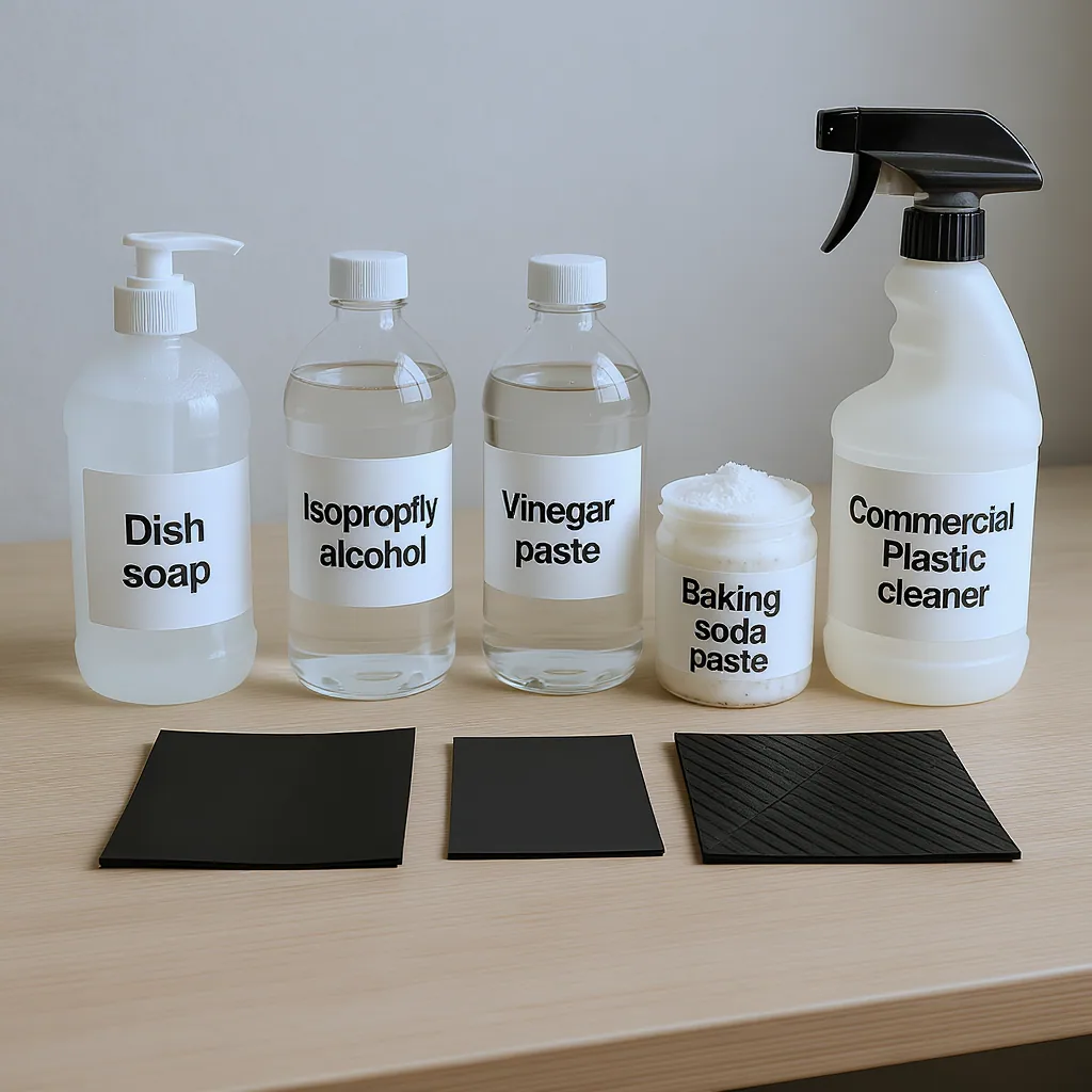 Labeled Bottles Of Cleaners Next To Glossy Matte And Textured