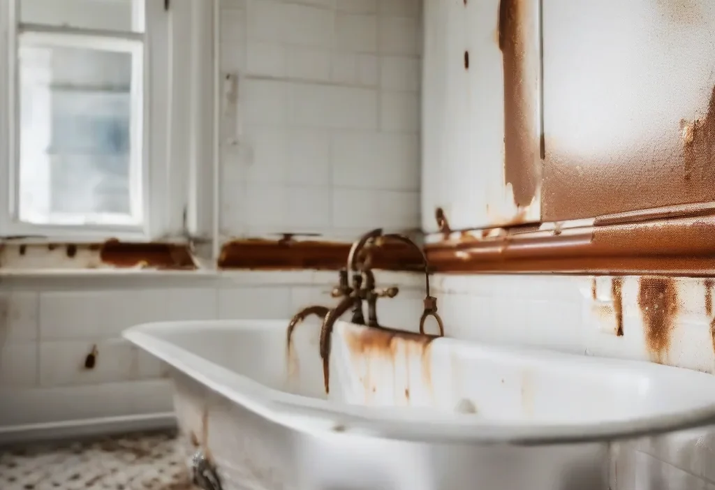 Close-up of rust stains in a white porcelain bathtub, showing effective cleaning results.