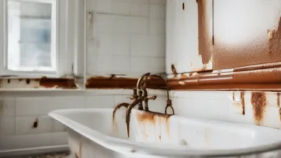 Close-up of rust stains in a white porcelain bathtub, showing effective cleaning results.