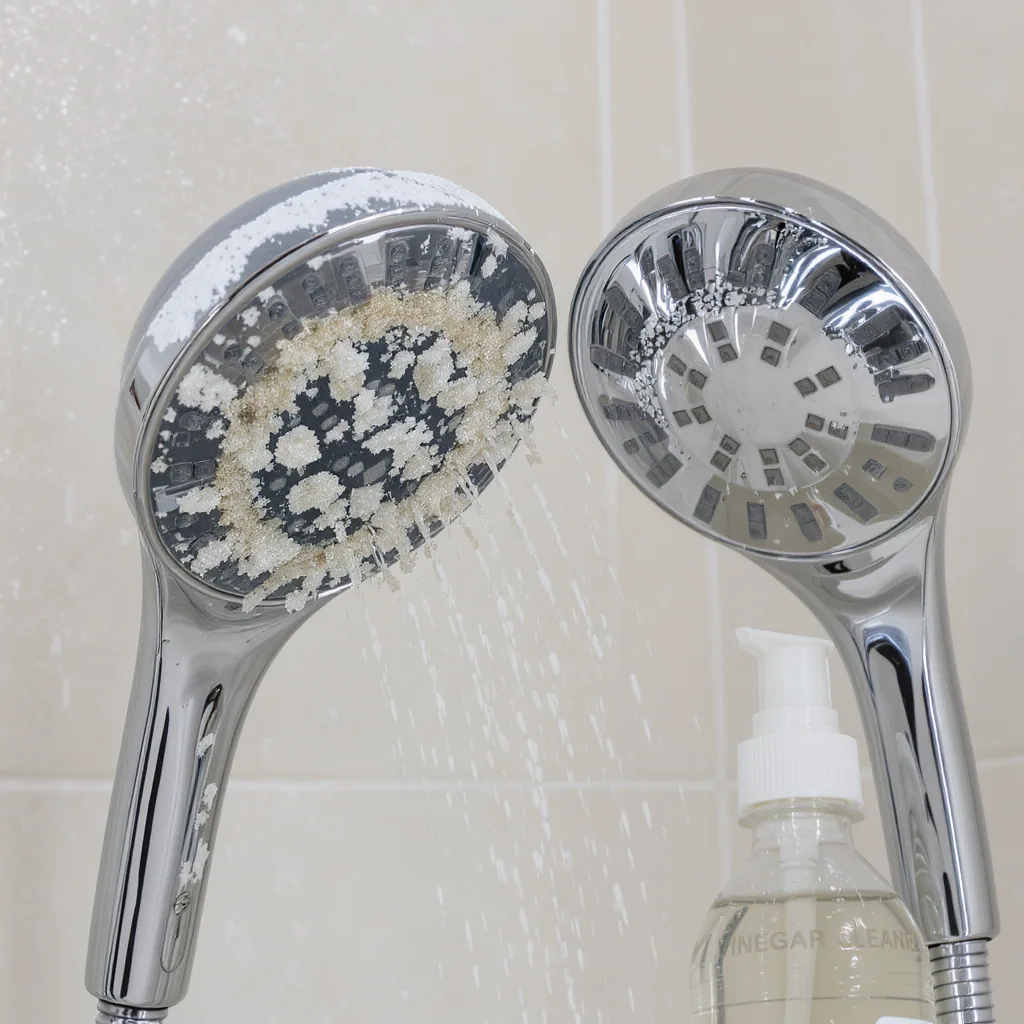 A Limescale-covered Showerhead Next To Clean One With Vinegar Spray