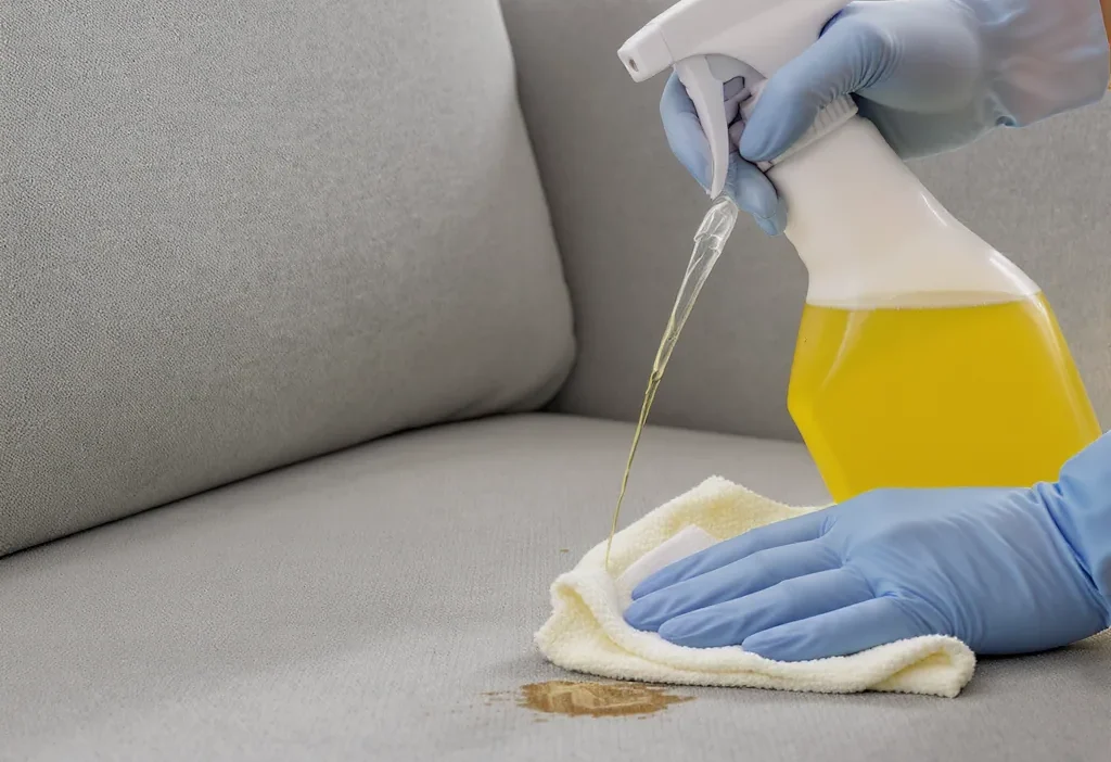 Close-up of a person performing a spot test on a fabric sofa cushion before stain removal.