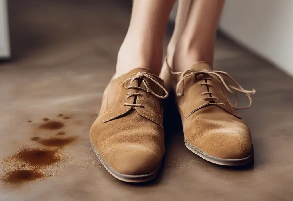 Close-up comparison of water stain and oil spot on brown suede shoe, showing different textures.
