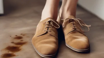 Close-up comparison of water stain and oil spot on brown suede shoe, showing different textures.
