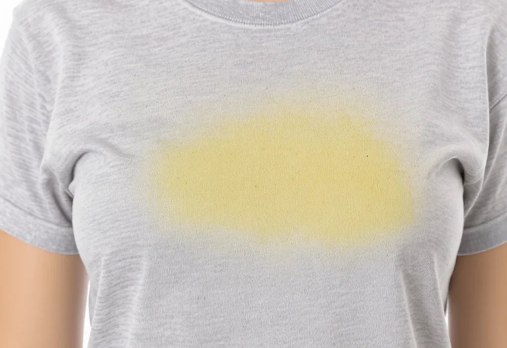 Color-safe stain removal guide for sweat and deodorant marks on different fabrics like cotton, silk, and polyester.