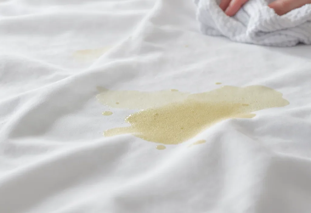 Close-up of yellow sweat stains on white bed sheets with cleaning supplies nearby.