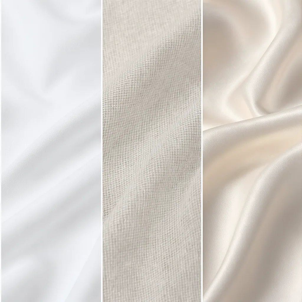 Close-up Side-by-side Comparison Of White Cotton Linen And Delicate Satin