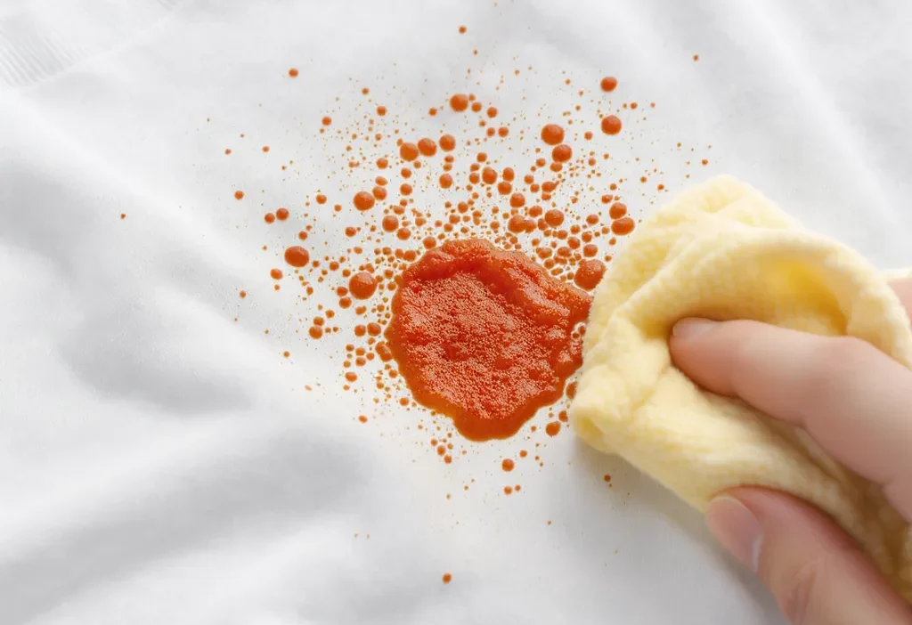 Removing fresh tomato sauce stain from a cotton t-shirt using cold water and dish soap.