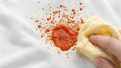 Removing fresh tomato sauce stain from a cotton t-shirt using cold water and dish soap.