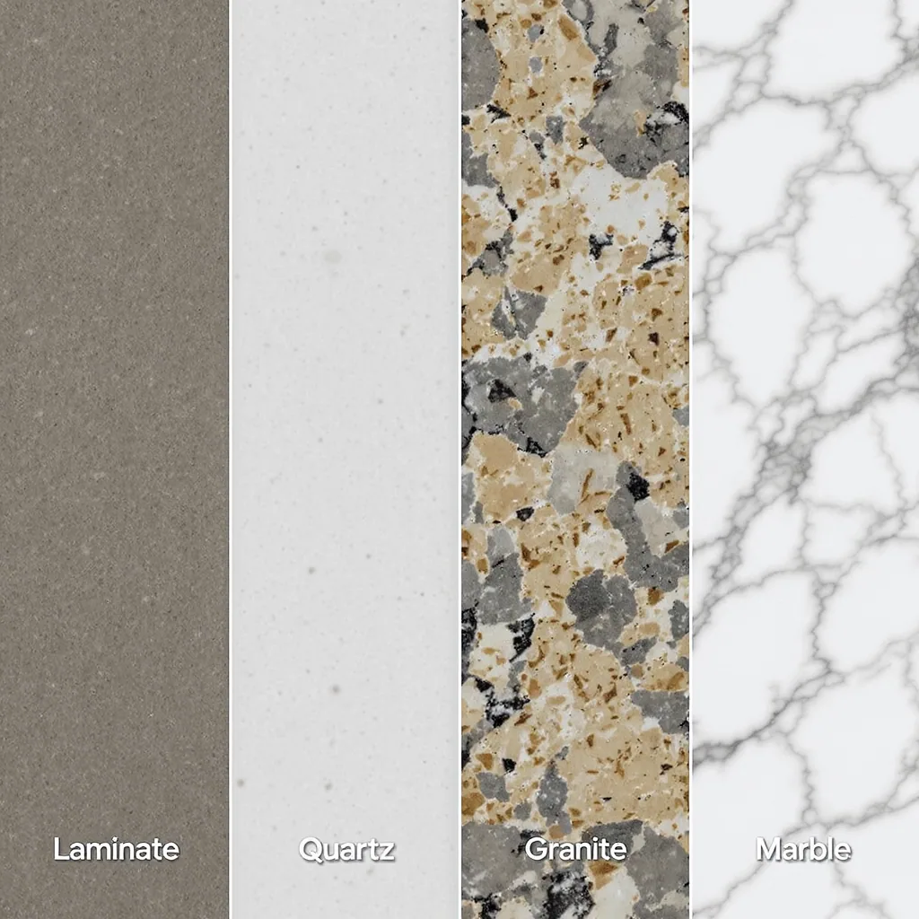 Side-by-side Comparison Of Laminate Quartz Granite And Marble Countertop Textures