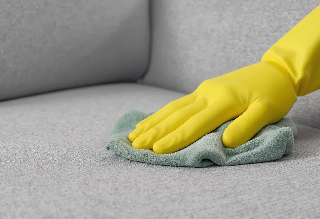 Guide to removing stains from sofas, chairs, and curtains with cleaning supplies on a fabric swatch.