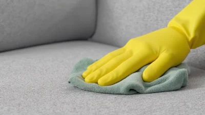 Guide to removing stains from sofas, chairs, and curtains with cleaning supplies on a fabric swatch.