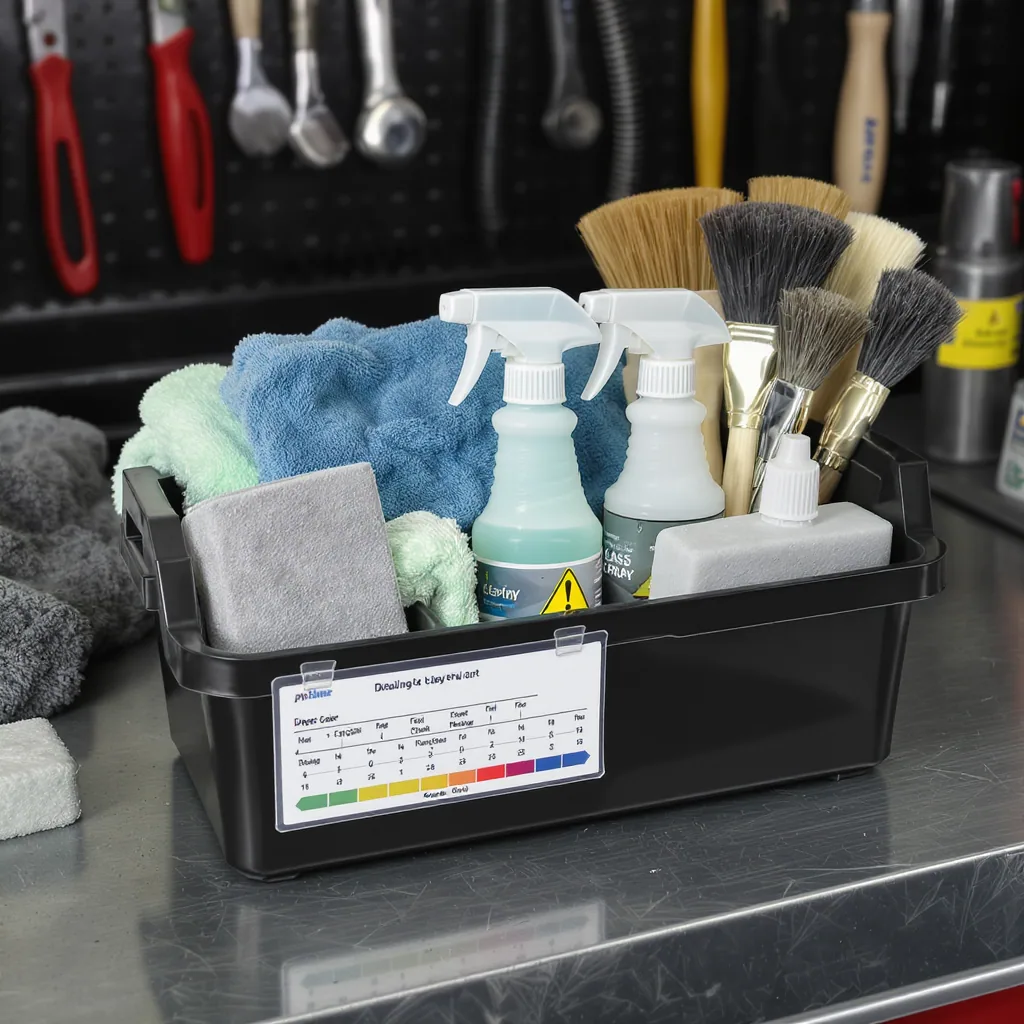 Cleaning Caddy With Labeled Spray Bottles Microfiber Towels Brushes A