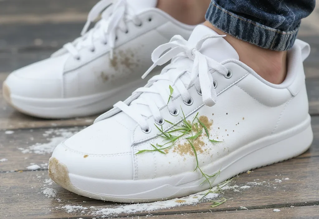 Cleaning white sneakers with a brush to remove scuffs, grass, and dirt stains.