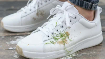 Cleaning white sneakers with a brush to remove scuffs, grass, and dirt stains.