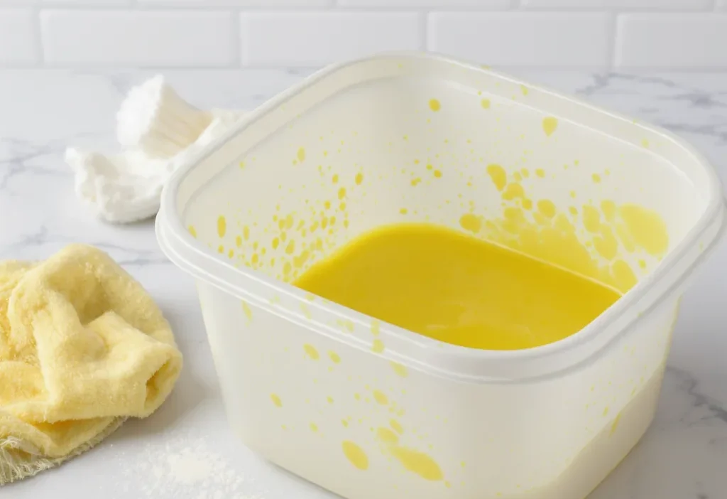 Close-up of yellow stains on white plastic container showing discoloration from oxidation and UV exposure.